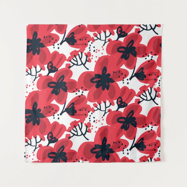 Abstract hand drawn red flowers seamless pattern tapestry (Front)
