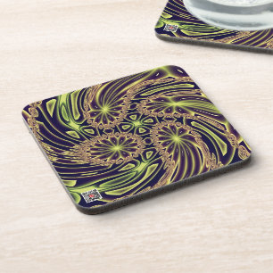 Abstract Happy Dance Neon Gold Fractal Art Coaster