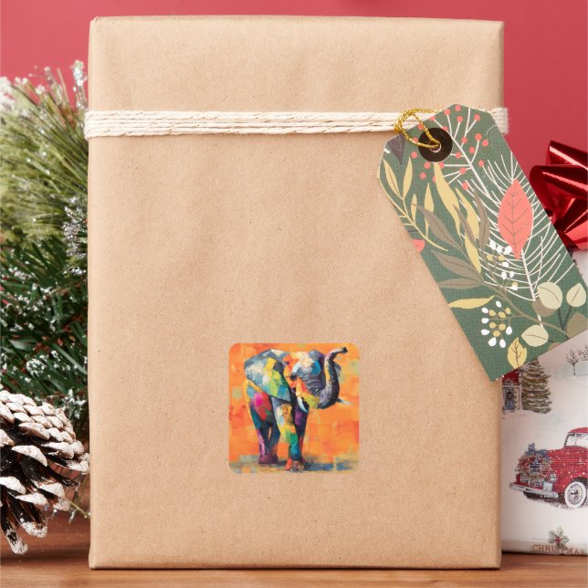 Abstract Happy Rainbow Elephant Square Sticker (Holiday)
