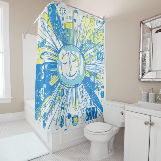 Abstract Happy Whimsical Sun Word Art Shower Curtain (In Situ)