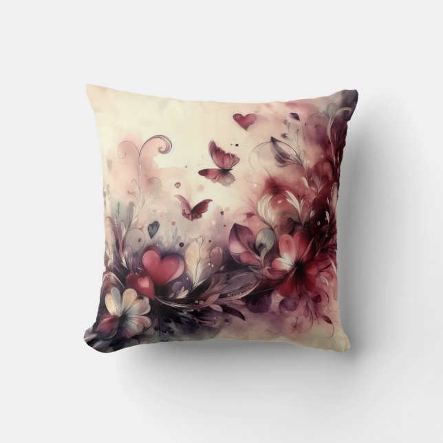Abstract Hearts Butterflies Throw Pillow (Front)