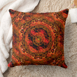 Abstract hexagons and cubes in stained ember red   cushion