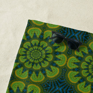 Abstract Hippie Green & Navy Blue Flowers Ethnic Beach Towel