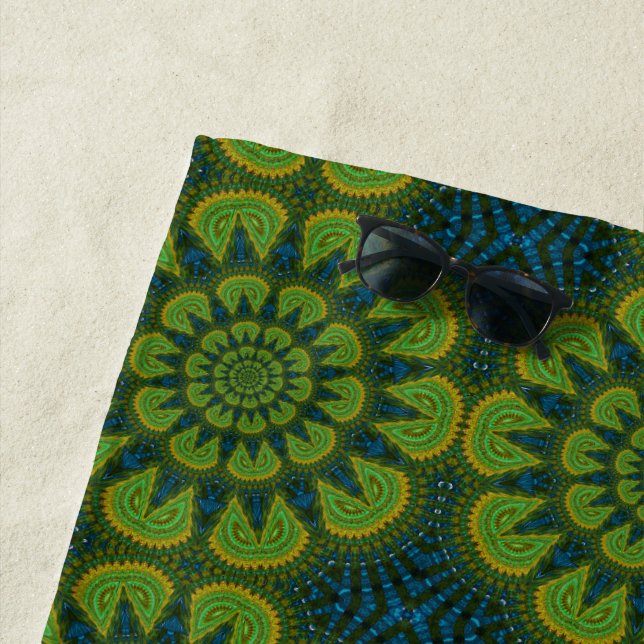   Abstract Hippie Green & Navy Blue Flowers Ethnic Beach Towel (In Situ)