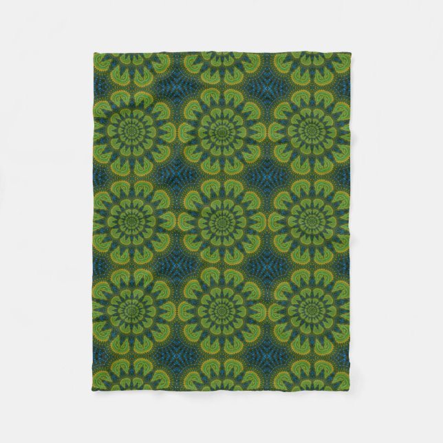   Abstract Hippie Green & Navy Blue Flowers Ethnic Fleece Blanket (Front)