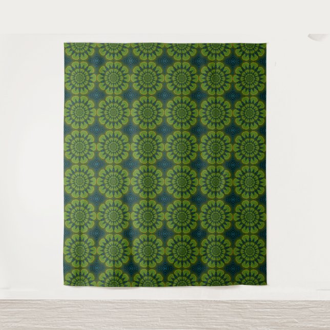   Abstract Hippie Green & Navy Blue Flowers Ethnic Tapestry (Front)