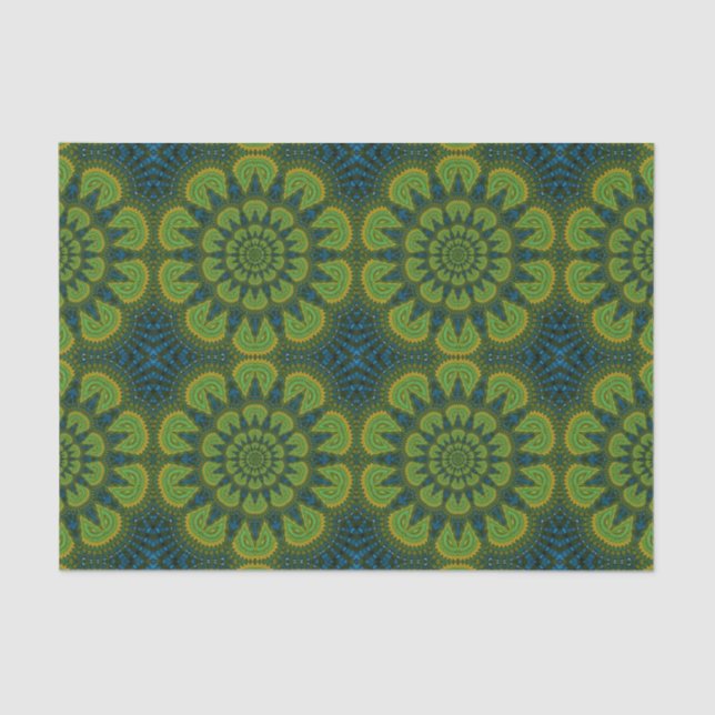   Abstract Hippie Green & Navy Blue Flowers Ethnic Tissue Paper (Front)