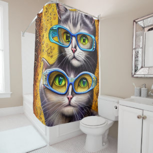 Abstract Hippie Joined Cats Wearing Glasses Shower Curtain