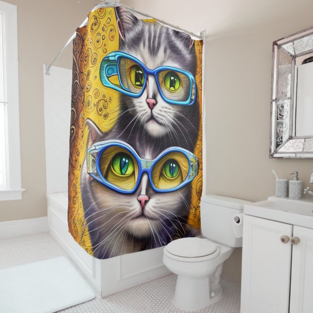 Abstract Hippie Joined Cats Wearing Glasses Shower Curtain (In Situ)
