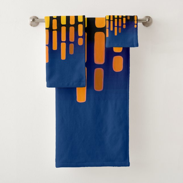 Abstract horizon, blue, yellow, black bath towel set (Insitu)
