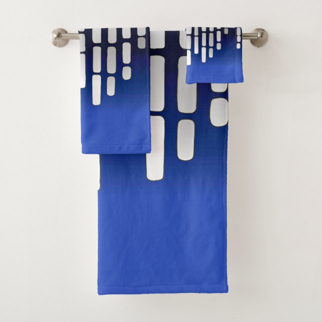 Abstract horizon, navy blue, white, light grey bath towel set (Insitu)