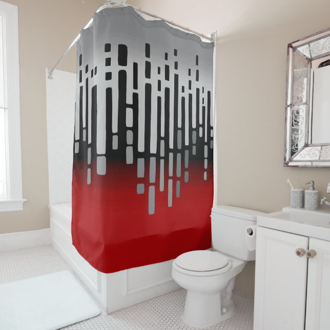 Abstract horizon, red, light grey, black shower curtain (In Situ)