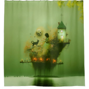 Abstract Horns Cat Green Occult Dark Witchy AI Art Shower Curtain