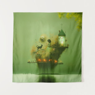 Abstract Horns Cat Green Occult Dark Witchy AI Art Tapestry
