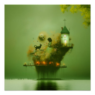 Abstract Horns Cat Green Witchy AI Art Semi-Gloss Poster