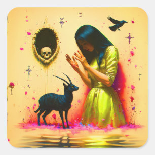 Abstract Horns Cat Skull Occult Dark Witchy AI Art Square Sticker