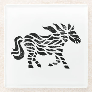 Abstract Horse Woodblock Print Glass Coaster