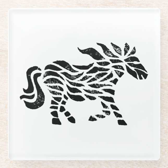 Abstract Horse Woodblock Print  Glass Coaster (Front)