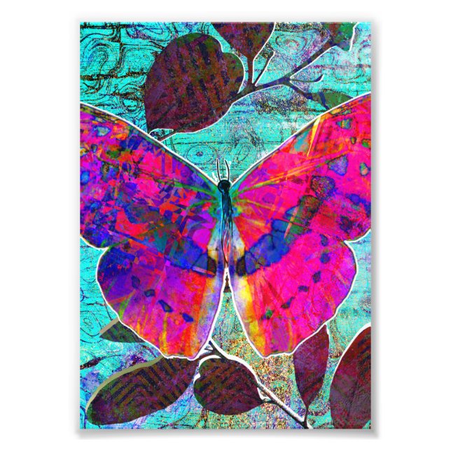 Abstract Hot Pink and Aqua Botanical Butterfly Photo Print (Front)