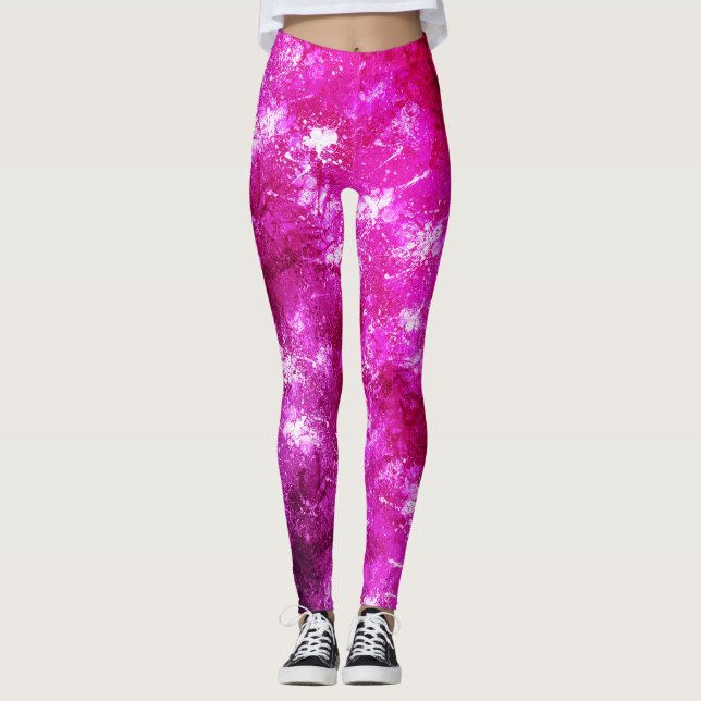 Abstract Hot Pink Magenta Marble Paint Splatters Leggings (Front)