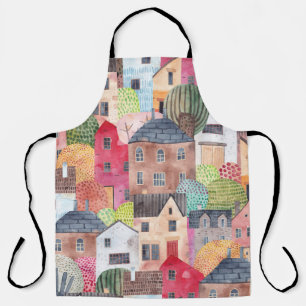 Abstract Houses: Watercolor Seamless Background. Apron