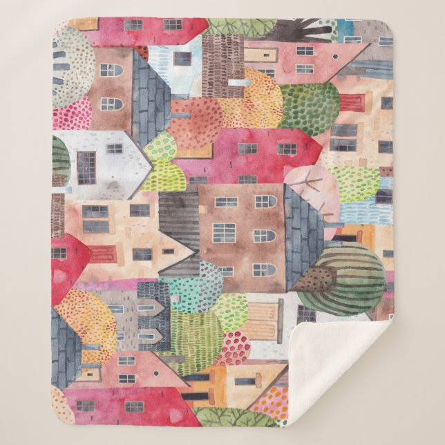 Abstract Houses: Watercolor Seamless Background. Sherpa Blanket (Front)