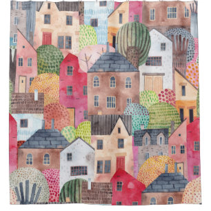 Abstract Houses: Watercolor Seamless Background. Shower Curtain