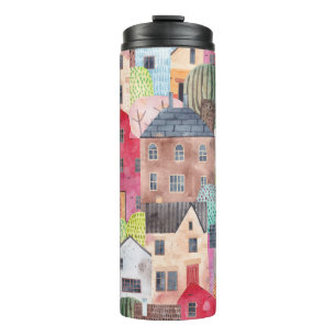 Abstract Houses: Watercolor Seamless Background. Thermal Tumbler