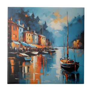 Abstract impressionistic harbour at sunset tile