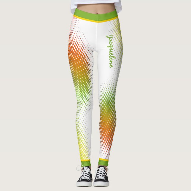 Abstract in Caribbean Colours with Name on WHITE Leggings (Front)