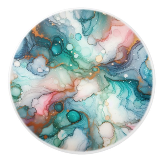 Abstract in Pink, Teal, Blue, and Gold Ceramic Knob (Front)