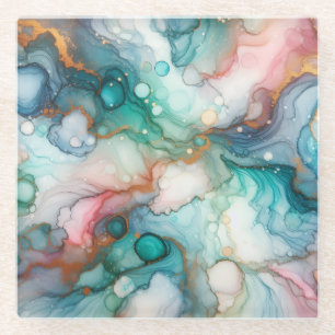 Abstract in Pink, Teal, Blue, and Gold Glass Coaster