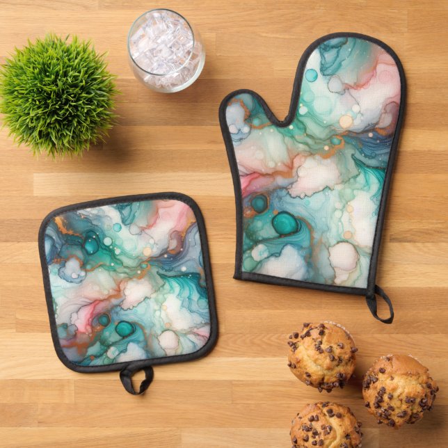 Abstract in Pink, Teal, Blue, and Gold Oven Mitt & Pot Holder Set (Top Down)