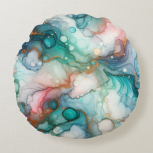 Abstract in Pink, Teal, Blue, and Gold Round Cushion