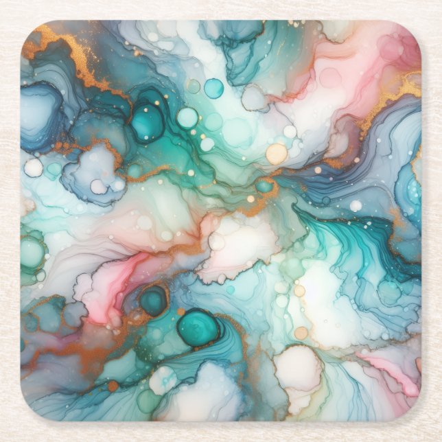 Abstract in Pink, Teal, Blue, and Gold Square Paper Coaster (Front)