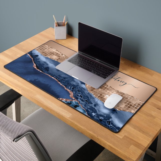 Abstract Indigo Blue Agate Marble Modern Rose Gold Desk Mat (Office 2)