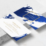Abstract Indigo Blue Brushstrokes Business Card<br><div class="desc">Inky, indigo blue paint brushstrokes create an abstract backdrop on this designer business card template. Your name or business name is displayed in a faux gold box on the front for a modern esthetic. This double-sided card allows ample room on the backside for your contact info. A fun, eye-catching card...</div>