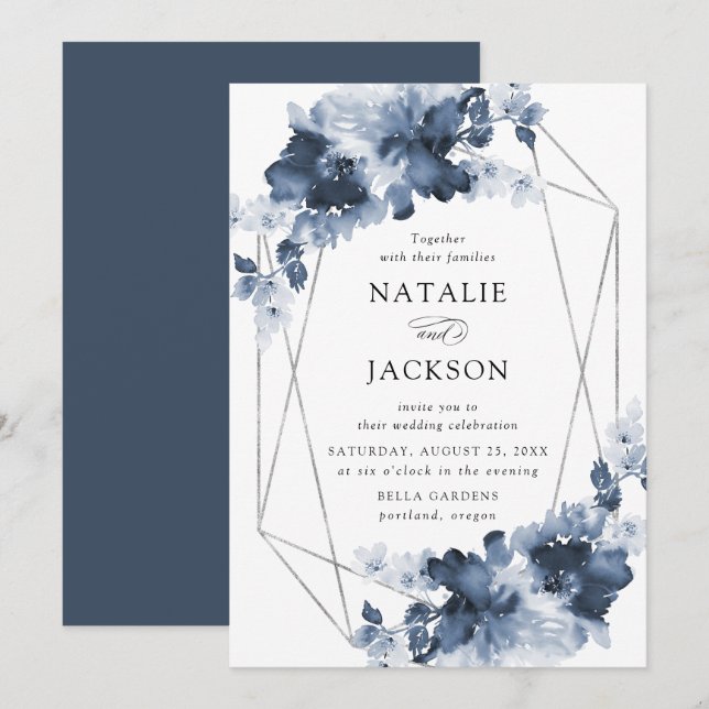 Abstract Indigo Floral | Geometric Frame Wedding Invitation (Front/Back)