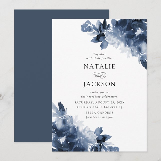 Abstract Indigo Floral | Wedding Invitation (Front/Back)