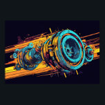Abstract Industrial Pop Art Mechanical Turbine Poster<br><div class="desc">Inject a massive dose of raw, industrial energy into your living space with this striking horizontal poster. This artwork captures a complex, mechanical turbine in a dynamic, high-speed moment. The brilliant fusion of a gritty grunge texture with an intensely vibrant, cyberpunk color palette of cyan and electric orange creates a...</div>
