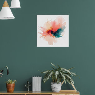 Abstract Ink Bloom Poster Coral Teal Watercolour