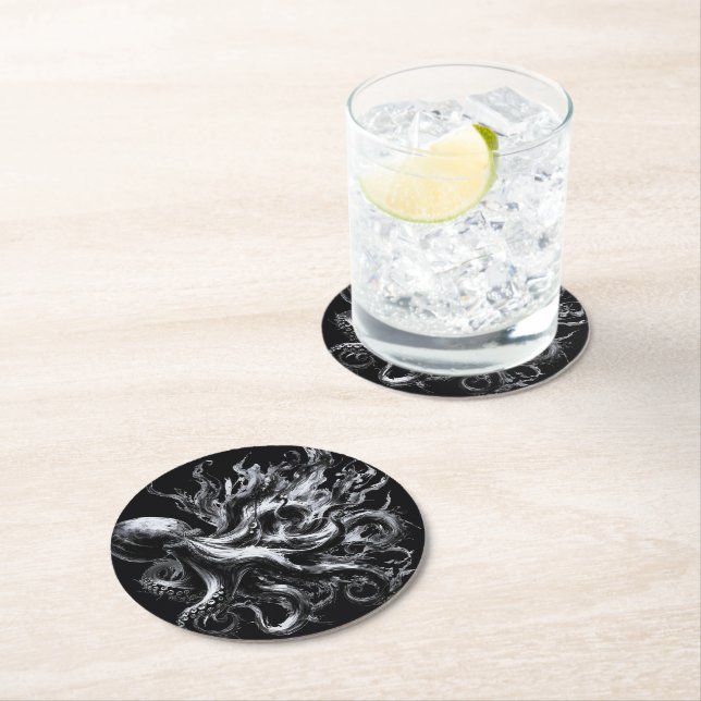 Abstract Ink Fluid Octopus Kraken Round Paper Coaster (Insitu)