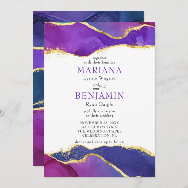 Abstract Ink Fuchsia Pink Purple Gold   Invitation (Front/Back)