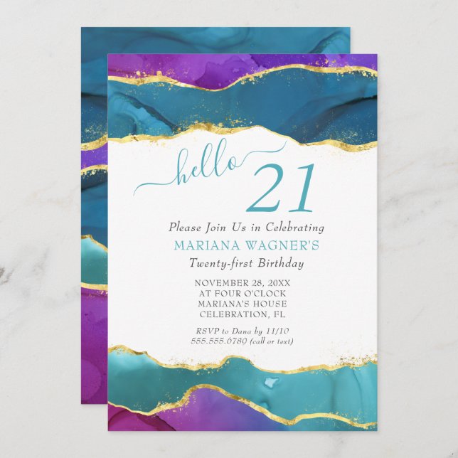 Abstract Ink Fuchsia Pink Teal Gold 21st Birthday Invitation (Front/Back)