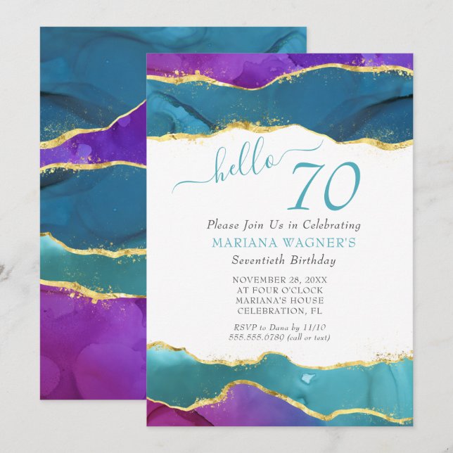 Abstract Ink Fuchsia Pink Teal Gold 70th Birthday Invitation (Front/Back)