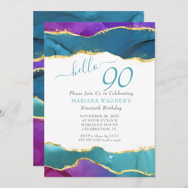 Abstract Ink Fuchsia Pink Teal Gold 90th Birthday Invitation (Front/Back)