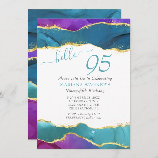 Abstract Ink Fuchsia Pink Teal Gold 95th Birthday Invitation (Front/Back)