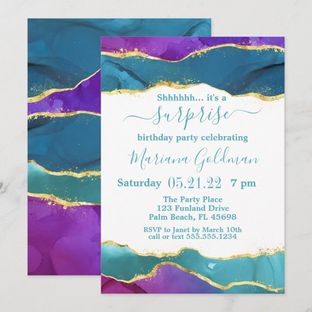 Abstract Ink Pink Teal Gold Surprise Party Invitation (Front/Back)
