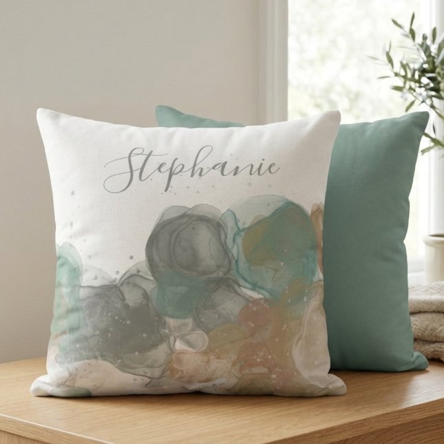 Abstract Ink Wash with Elegant Name Script Cushion (This elegant ink wash throw pillow with a name script makes a beautiful birthday gift for a friend.)