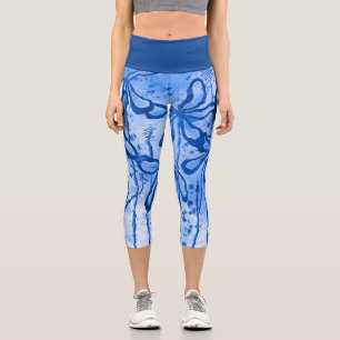 Abstract Inked Flowers blue Capri Leggings